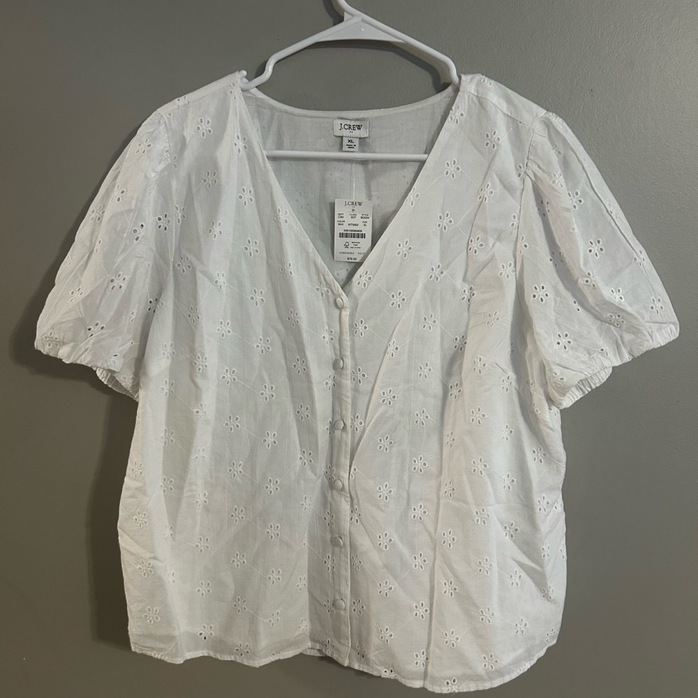 J. Crew White Puff Sleeve Blouse Boxy Buttoned